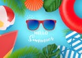 Hello Summer web banner. Top view on summer composition with realistic objects and tropical fruit on wooden texture
