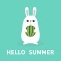 Hello summer. White bunny rabbit holding whole ripe watermelon . Funny head face. Cute kawaii cartoon character. Big ears. Baby gr Royalty Free Stock Photo