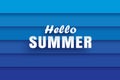 Hello summer white text on abstract blue wave background.