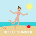 Hello summer. Woman wearing swimsuit jumping. Sun, beach, sea, ocean, crab. Happy girl jump. Cartoon laughing character in pink Royalty Free Stock Photo