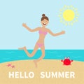 Hello summer. Woman wearing swimsuit jumping. Sun, beach, sea, ocean, crab, starfish. Happy girl jump. Cartoon laughing character