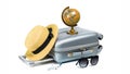 Hello summer. Womens accessories traveler: suitcase, straw hat, sunglasses and globe isolated on white background with empty space Royalty Free Stock Photo