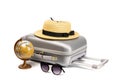 Hello summer. Womens accessories traveler: suitcase, straw hat, sunglasses and globe isolated on white background with Royalty Free Stock Photo