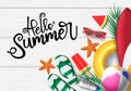 Hello summer in wooden background vector banner. Hello summer greeting typography in white space for text with beach elements. Royalty Free Stock Photo