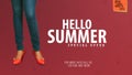 `Hello Summer` Young girl posing on studio background in summer sale promotional banner templates.