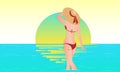 Hello Summer. Young girl wearing swimsuit and big hat, standing on the beach. Sea background. Vector Royalty Free Stock Photo