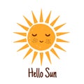 Hello Sun Emoji doodle character collection, smiling sign, vector summer party poster. Cartoon morning symbol