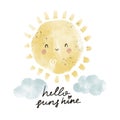 Hello sunshine . Cartoon sun, hand drawing lettering, decor elements. colorful illustration for kids, flat style