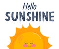 Hello sunshine banner. Typography poster with sun and lettering. Sunny design for beach party, summer collection clothes