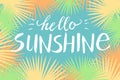 Hello sunshine, hand paint vector lettering on a  abstract tropical palm leaves frame Royalty Free Stock Photo