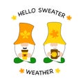 Hello sweater weather. Autumn gnomes with coffee and inscription. Fall season. Cute printables autumn design. Vector illustration Royalty Free Stock Photo