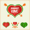 Hello sweet summer set. Healthy food labels and emblems with whole watermelons and juicy watermelon slices.