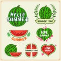 Hello sweet summer set. Healthy food labels and emblems with whole watermelons and juicy watermelon slices.