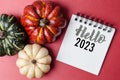 A Hello 2023 text on diary and pumpkins on red background