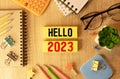 Hello 2023 text engraved on wooden blocks with blurred park background. New year concept