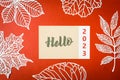 A Hello 2023 text on note paper and paper leaves on red background