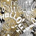 Hello. Textured graffiti style hello and hi words seamless pattern. Colorful brush strokes, splatters grunge background. Grafitti