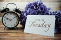 Hello Tueday text mesage with alarm clock and purple hydragea flower on wooden background