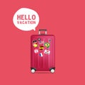 Hello vacation red travel luggage with stickers, labels. Realistic suitcase. Royalty Free Stock Photo