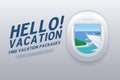 Hello Vacation. View from airplane window. Vacation destinations. Tropical beach. Royalty Free Stock Photo