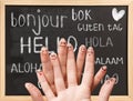 Hello in various languages on chalkboard Royalty Free Stock Photo