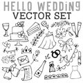 Hello Wedding Vector Set With Wedding Cake, Flowers, Garlands, Champagne Flutes, Wedding Rings, Champagne, Roses, And Bells.