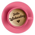 Hello Wednesday latte art with heart shape on a pink cup of coffee, typography isolated on transparent background