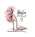 Hello weekend, fashion quote. High heels fashion shoe for women with bow, modern sketch in black and pink color, t-shirt