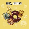 hello weekend text summer poster with chocolate ice cream popsicle on stick and chocolate donut, coffee cup, pineapple -