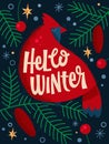 Hello Winter, bright creative hand drawn lettering art with red cardinal bird on a pine branch, with snowflakes, berries, pine Royalty Free Stock Photo