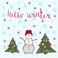 Hello winter card. Dancing snowman with new year