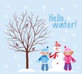 Hello winter. Children with a snowman in a winter park. Winter background.