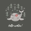 Hello winter. Christmas card with baby whale in deer antlers on dark background. Vector illustration Royalty Free Stock Photo