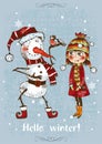 Hello winter. Christmas card with a cute girl and a snowman. Vector. Royalty Free Stock Photo