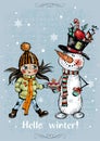 Hello winter. Christmas card with a cute girl and a snowman. Vector. Royalty Free Stock Photo