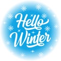 Hello Winter and Christmas greeting card template with text on snowfall patterned lightblue background