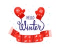 Hello Winter Colourful Vector Illustration In Cartoon Flat Style With Gradients. Cosy Wintertime Placard Style