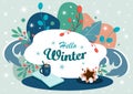 Hello winter concept. Colorful winter background with snowflakes, a cup of cocoa or coffee, sweets and a book.