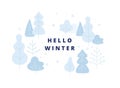 Hello winter concept illustration, winter park elements, trees, bushes in snowy weather. Banner, poster in flat design.