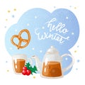 Hello Winter cute holiday decoration elements and handwritten calligraphy. Vector illustration. Royalty Free Stock Photo