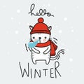 Hello winter cute white cat cartoon vector doodle illustration Royalty Free Stock Photo