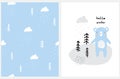 Hello Winter. Cute Woodland Vector Illustration and Seamless Pattern. Royalty Free Stock Photo