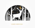 Hello winter 3d abstract paper cut illustration of deer in the forest snow. moon and stars in the night. Vector