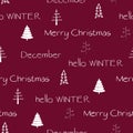 Hello winter, december, merry christmas text with white trees on red background.