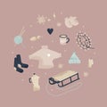 Hello winter. Delicate minimalistic round concept for winter decor. Sweater, socks, garland, hat, mittens, sled, candle, coffee