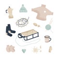 Hello winter. Delicate minimalistic set of elements for winter decor. Sweater, socks, garland, hat, mittens, sled, candle, coffee