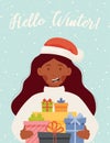 Hello winter flyer card, girl in red beanie holding gift boxes