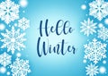 Hello winter greeting card with snowflake vector background. Winter greeting text with snow and snowflakes. Royalty Free Stock Photo