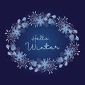 Hello Winter, hand-drawing doodling postcard, round frame, snowflakes, cold flowers, place for an inscription Royalty Free Stock Photo