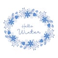 Hello Winter, hand-drawing doodling postcard, round frame, snowflakes, cold flowers, place for an inscription Royalty Free Stock Photo